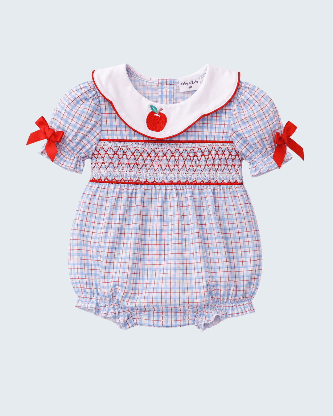 Blue Apple Smocked Plaid Bubble on light grey background