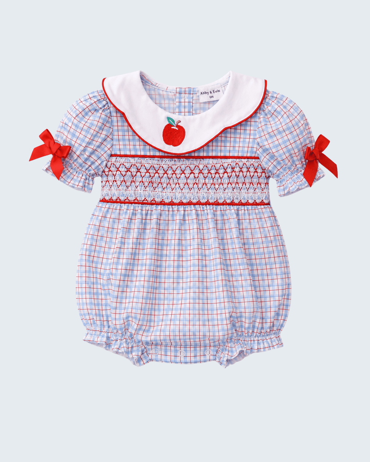 Blue Apple Smocked Plaid Bubble on light grey background