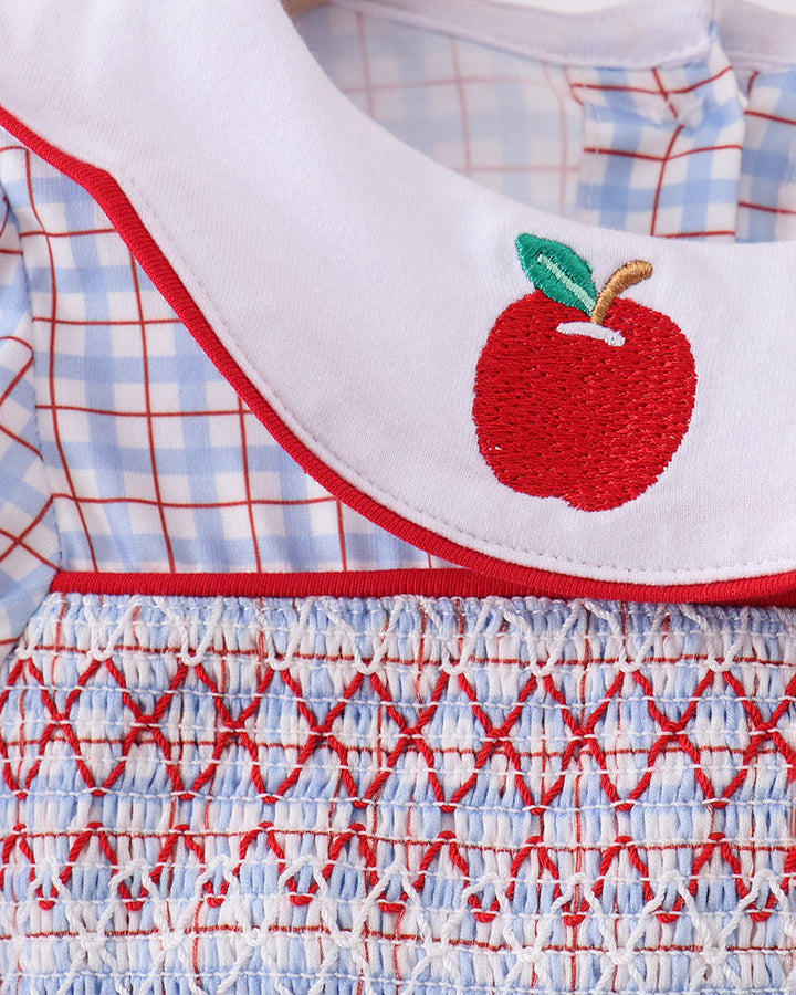 Plaid romper with embroidered apple