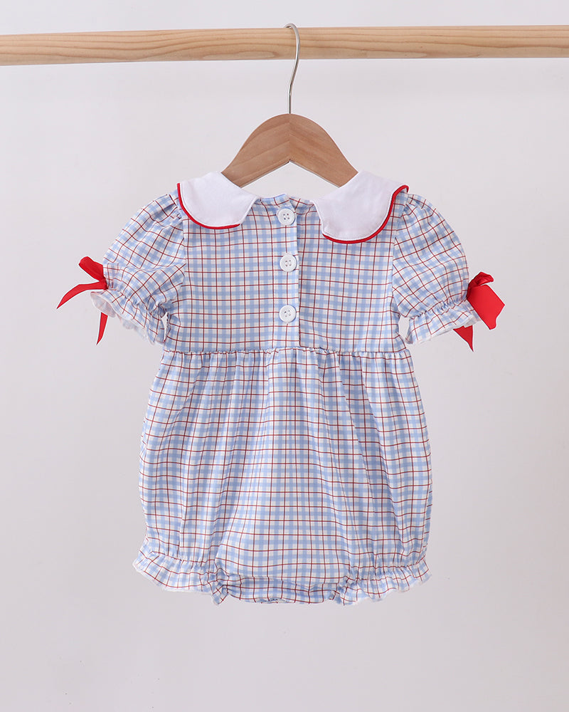 Blue Apple Smocked Plaid Bubble on wooden hanger