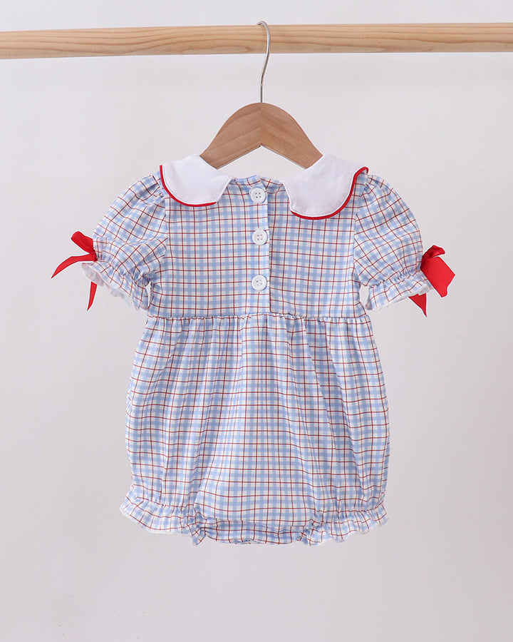Blue Apple Smocked Plaid Bubble on wooden hanger