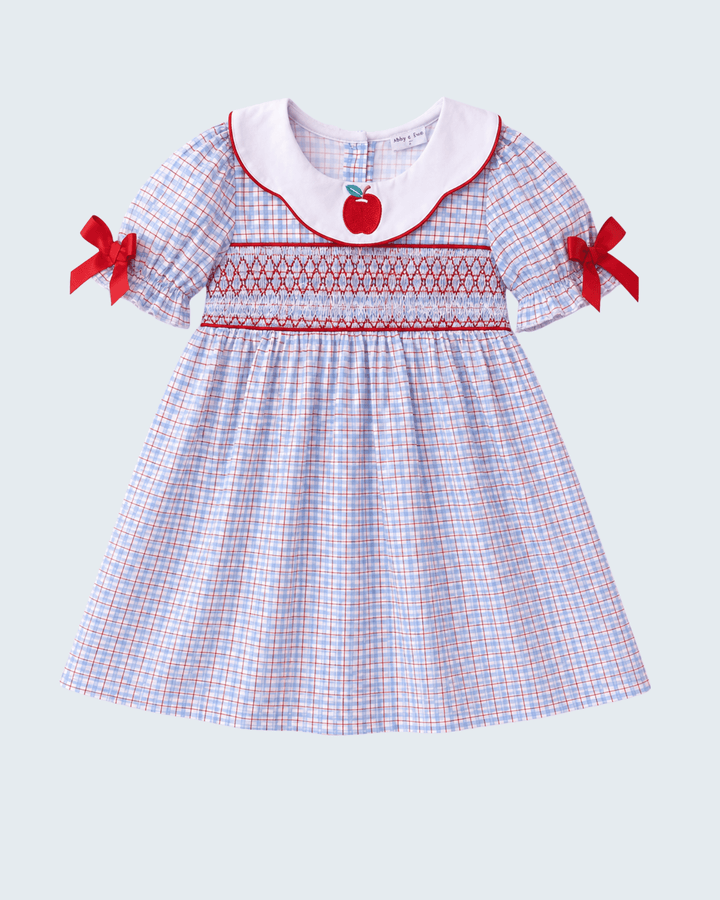 Blue Apple Smocked Plaid Dress on light grey background