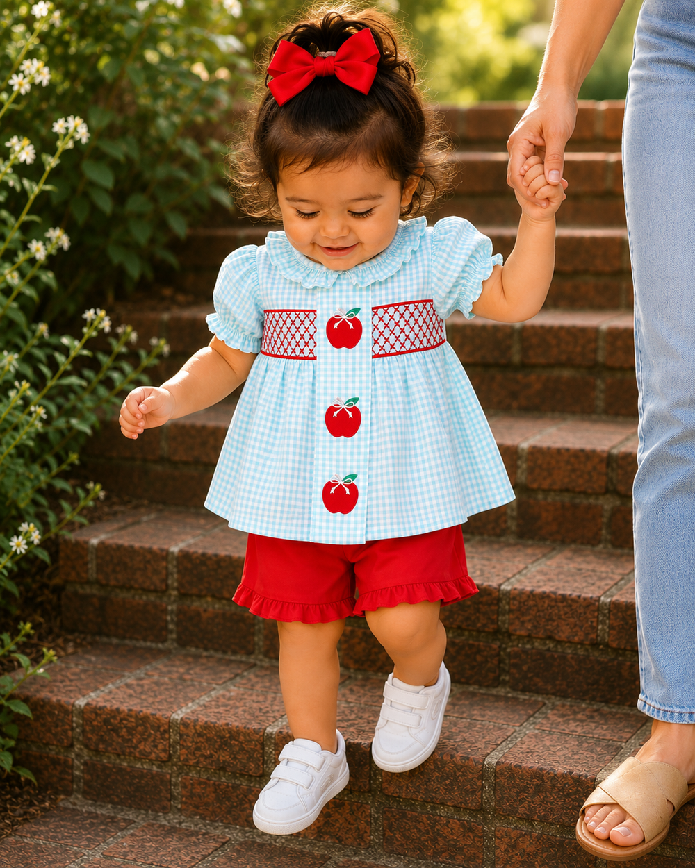 Child wearing a light blue dress with red apple patterns on stone steps.