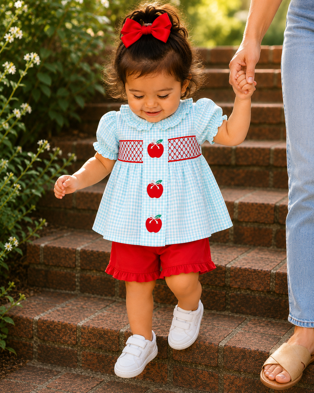 Child wearing a light blue dress with red apple patterns on stone steps.