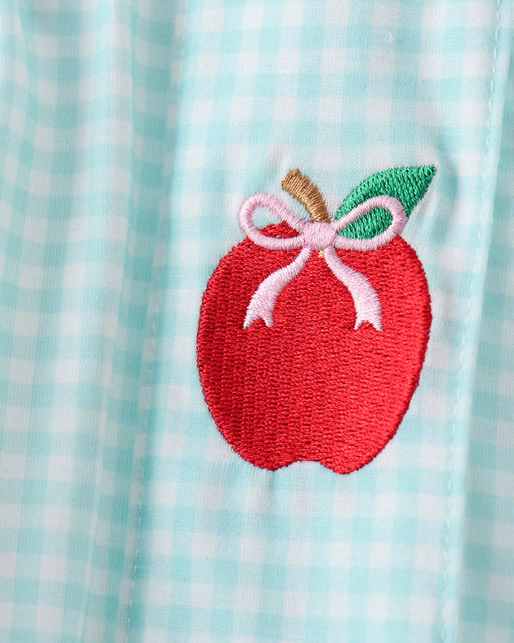 Red apple with a pink bow on a blue checkered fabric