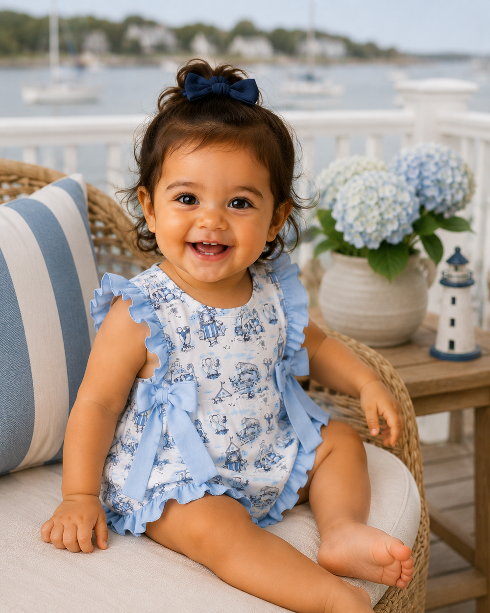 Child wearing a blue and white romper sitting on a chair with a waterfront background