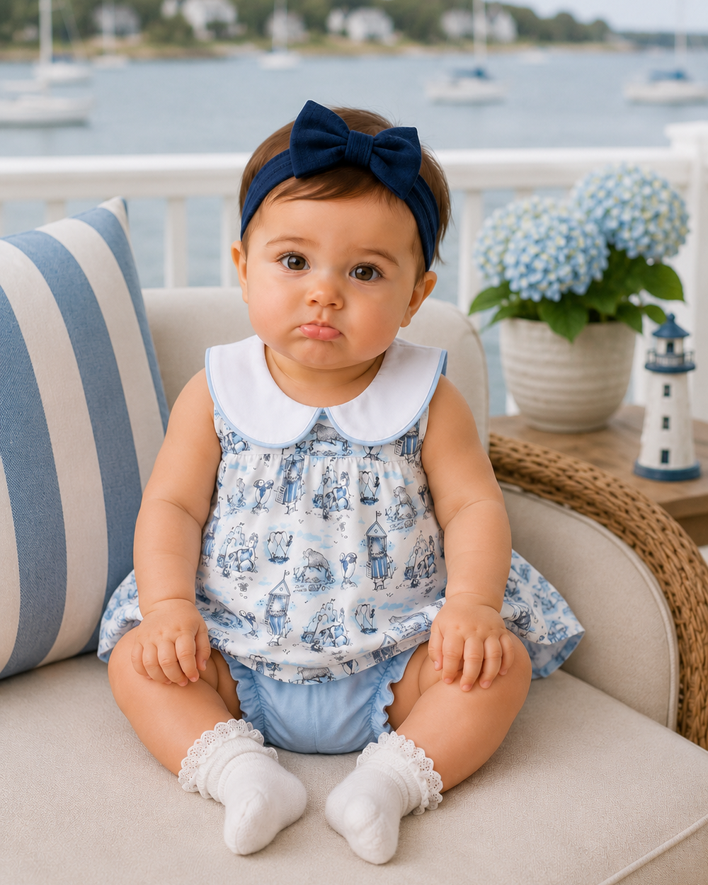 Baby sitting on a couch by a waterfront with boats and hydrangeas in the background