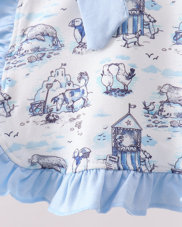 Bloomer set with beach scene print featuring animals and a lifeguard tower.