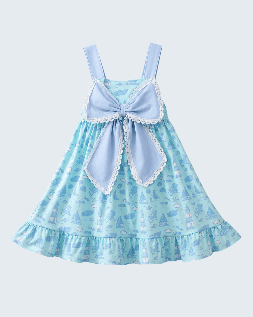Light blue dress with a large bow on a white background