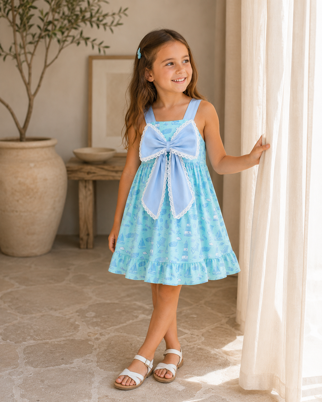 Young girl in a blue dress standing in a sunlit room with a plant and table in the background.