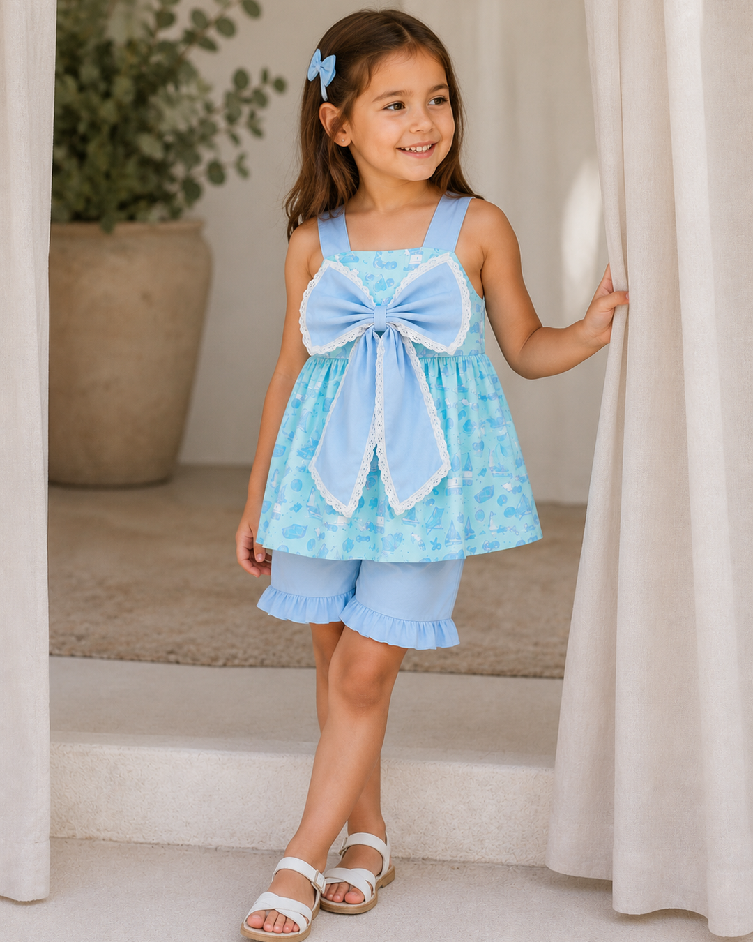 Blue Beach Print Bow Ruffle Shorts Set