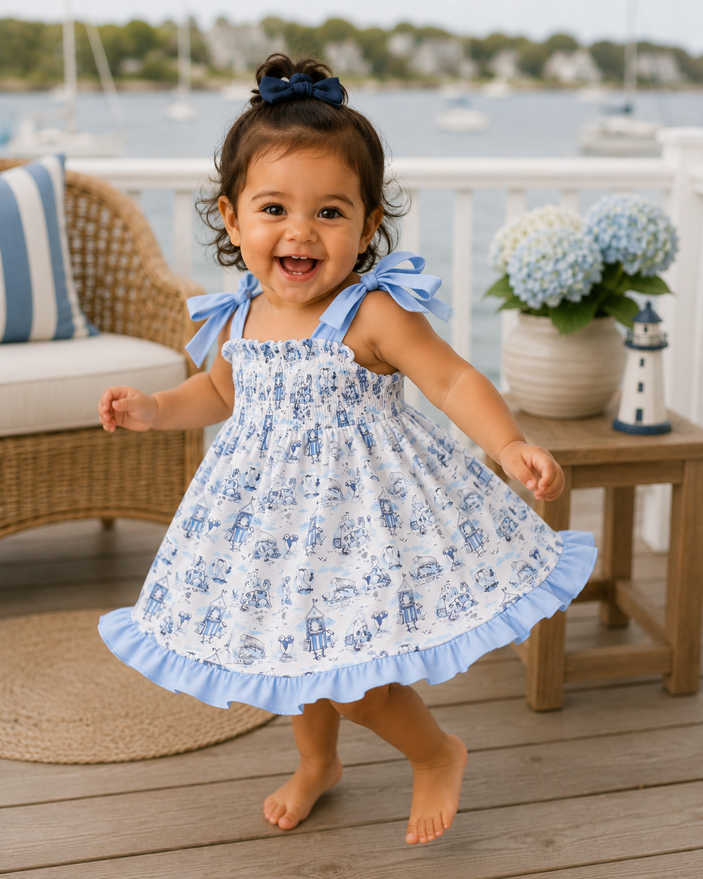Child in a blue and white dress standing on a wooden deck with water and boats in the background.