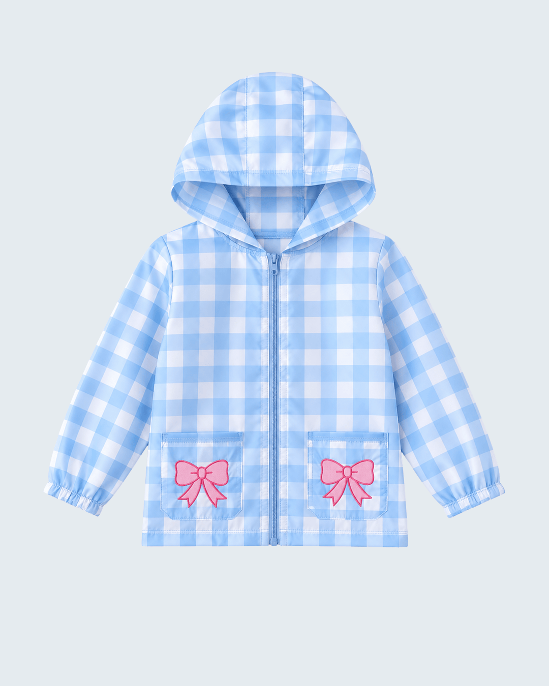 Light blue gingham hooded raincoat with front zipper and pink bow embroidery