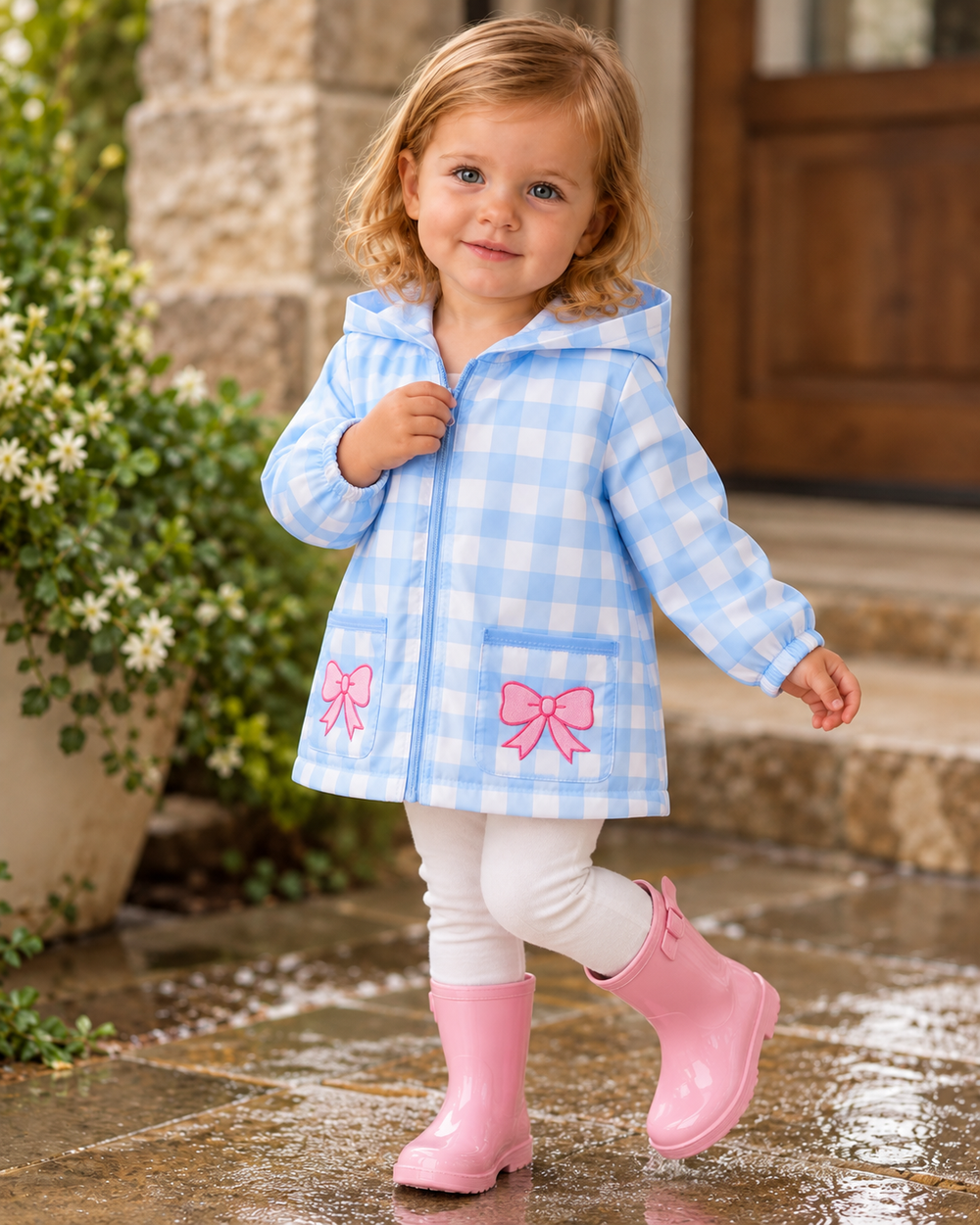 Light blue gingham hooded raincoat with pink bow embroidery and front zip