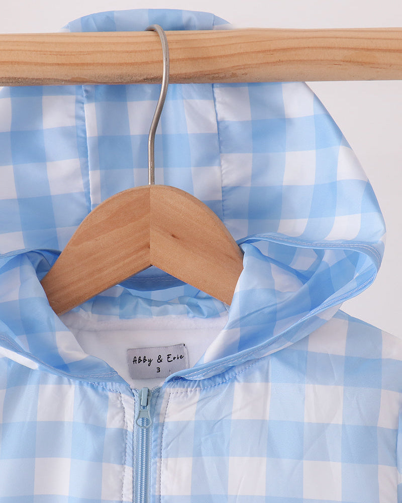 Light blue gingham hooded raincoat with zipper and inner label