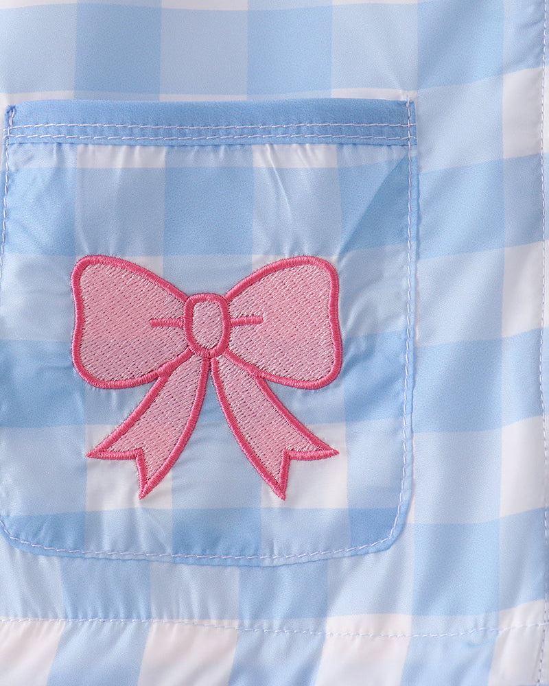 Light blue gingham raincoat pocket with pink bow embroidery