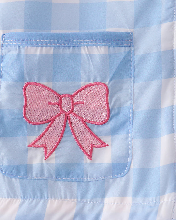 Light blue gingham raincoat pocket with pink bow embroidery