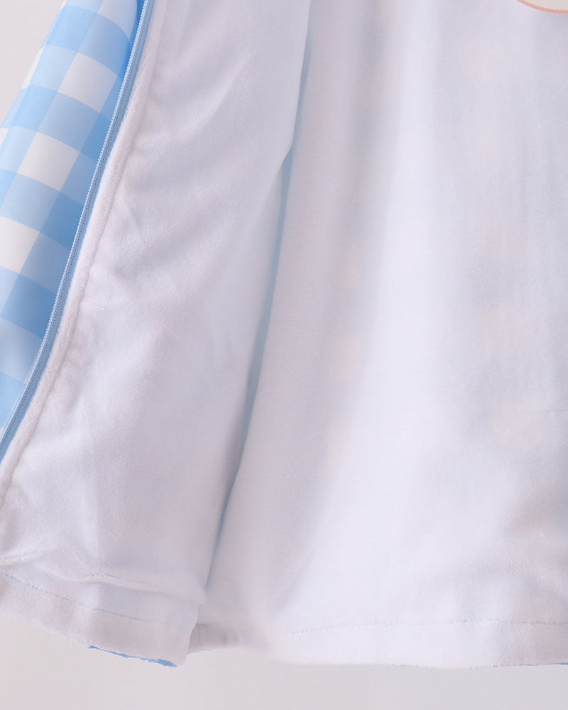 Light blue gingham raincoat hem with wide white base panel