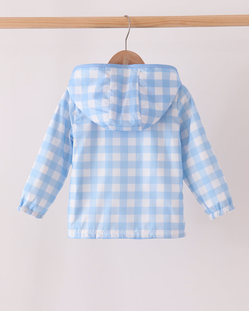 Light blue gingham raincoat with hood and back yoke