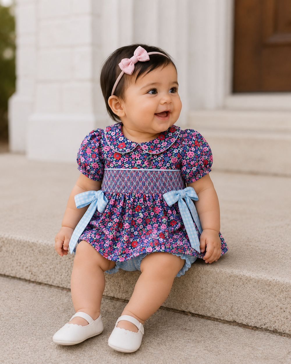 A baby girl wearing a short-sleeve floral dress with light blue bow details, a matching patterned smocked bodice, and a pink bow headband, sitting on stone steps.