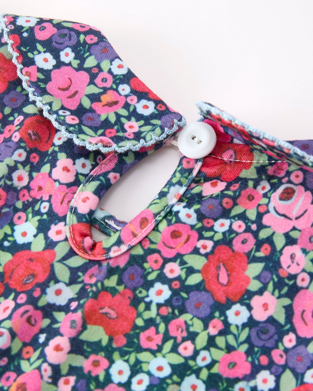 Floral dress buttoned keyhole neckline with blue gingham trim bow