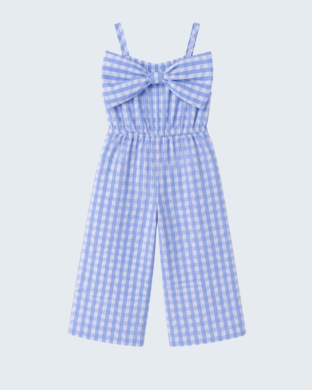 Blue and white checkered jumpsuit with a bow detail on a light gray background