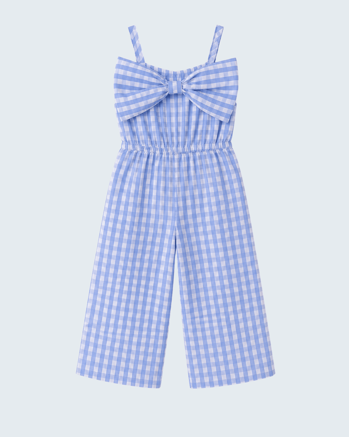 Blue and white checkered jumpsuit with a bow detail on a light gray background
