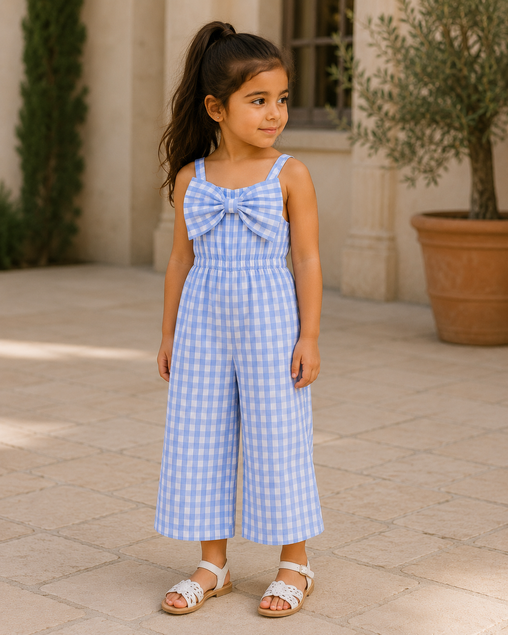 Young girl wearing a blue checkered jumpsuit with a bow tie in an outdoor setting.