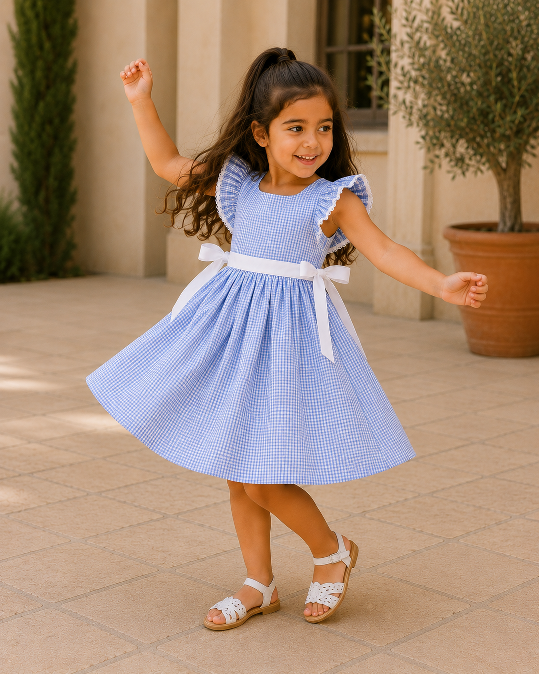 Young girl in a blue checkered dress with white sandals standing on a tiled patio.