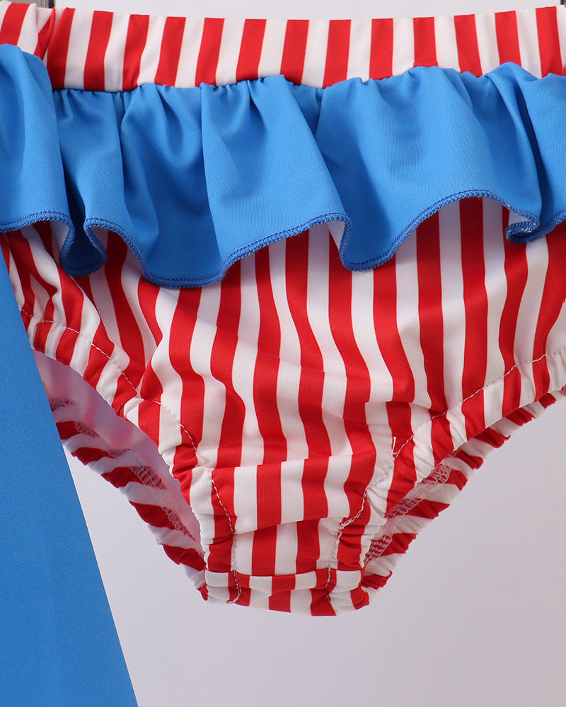 Red striped swim bottoms with blue ruffle