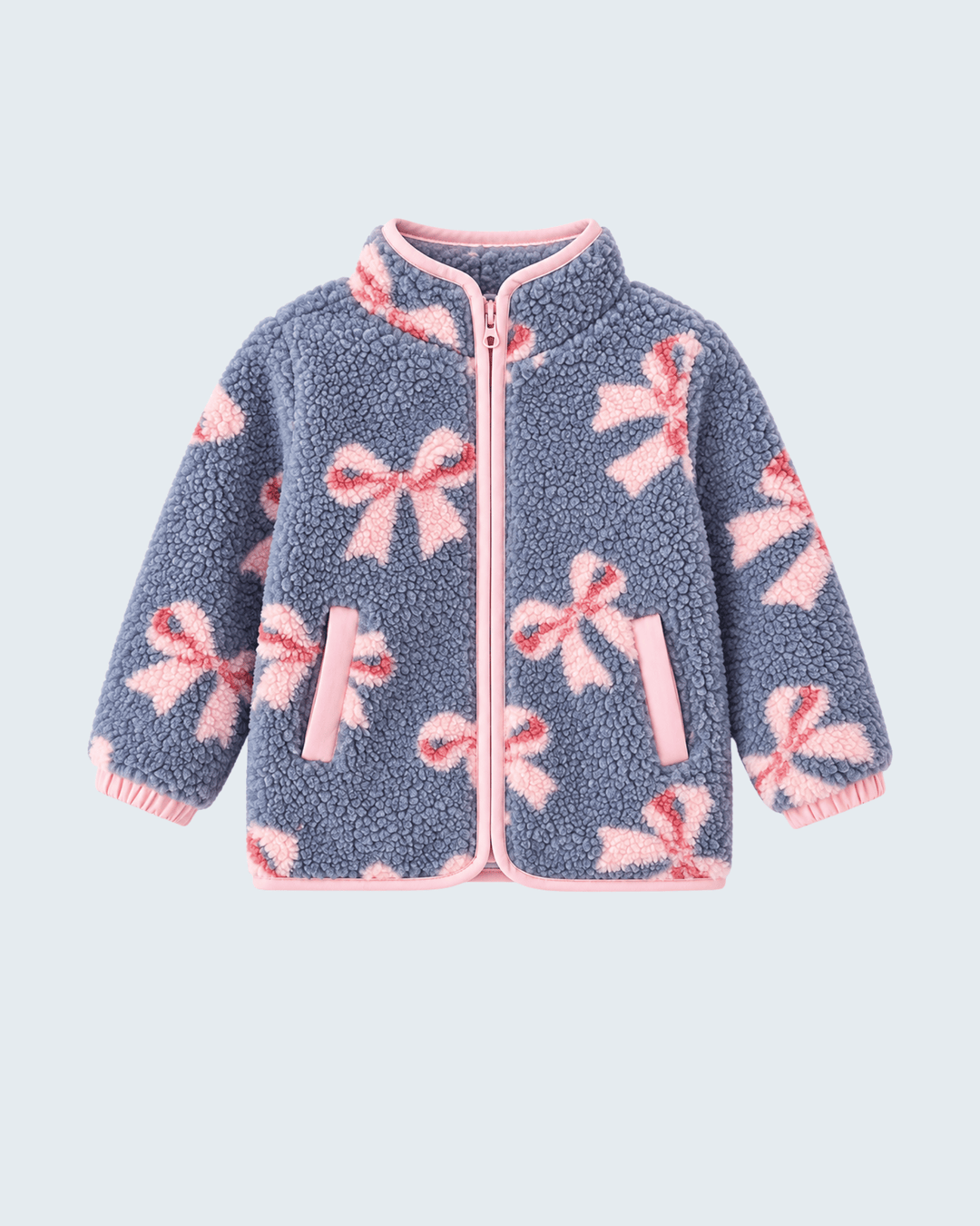 Dark blue sherpa fleece jacket with pink bow print, pink zip front and cuffs