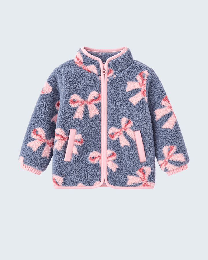 Dark blue sherpa fleece jacket with pink bow print, pink zip front and cuffs
