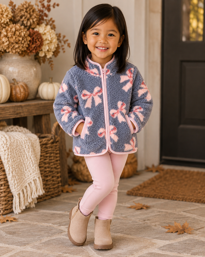 Dark blue sherpa jacket with pink bow pattern, front zipper, worn by child