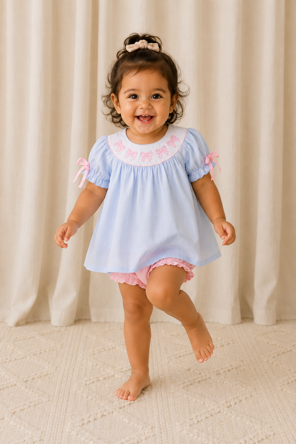 Child wearing a light blue dress with pink accents against a beige curtain background