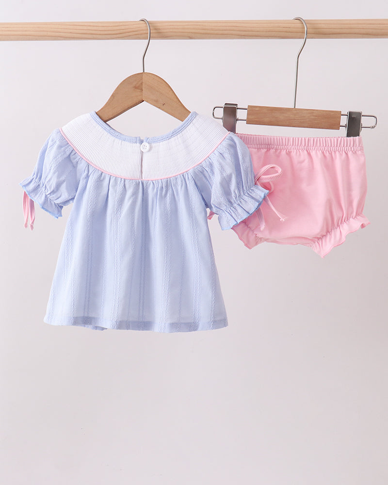 Blue Bow Smocked Bloomer Set for baby girls