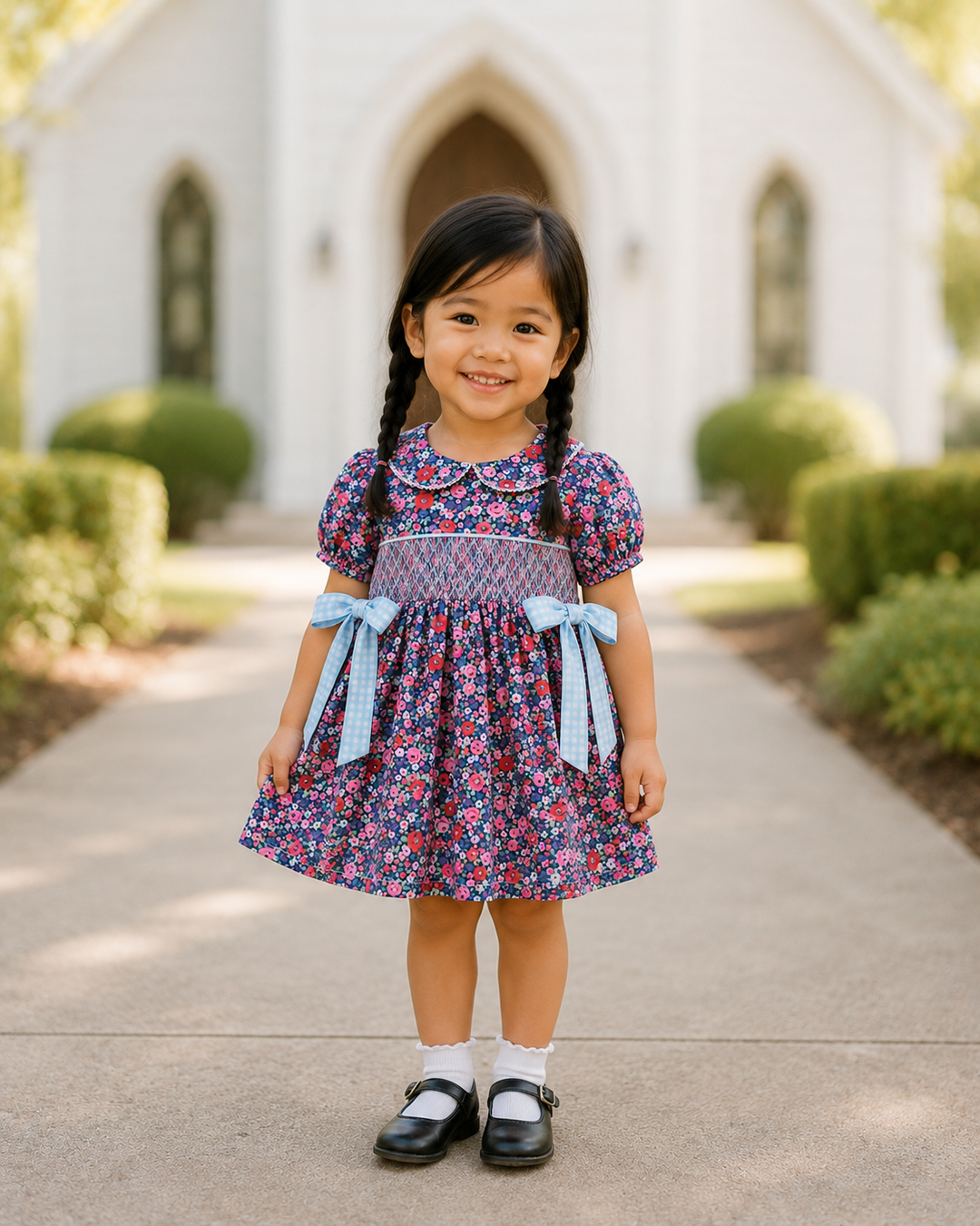 A young girl with dark braids stands on a paved path in front of a blurred white church building, wearing a short-sleeve floral dress with blue ribbon bows at the waist and a patterned smocked bodice.