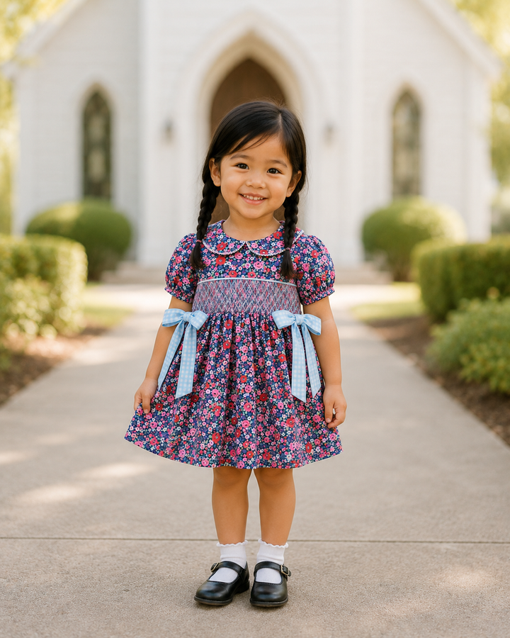 A young girl with dark braids stands on a paved path in front of a blurred white church building, wearing a short-sleeve floral dress with blue ribbon bows at the waist and a patterned smocked bodice.