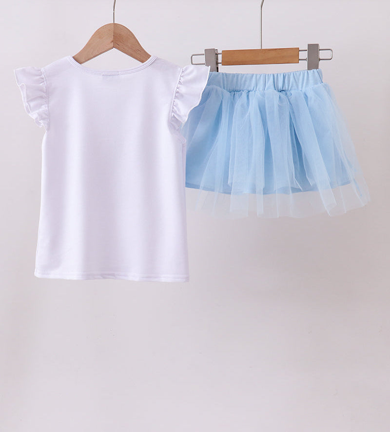 White top and light blue tutu skirt on hangers against a white background