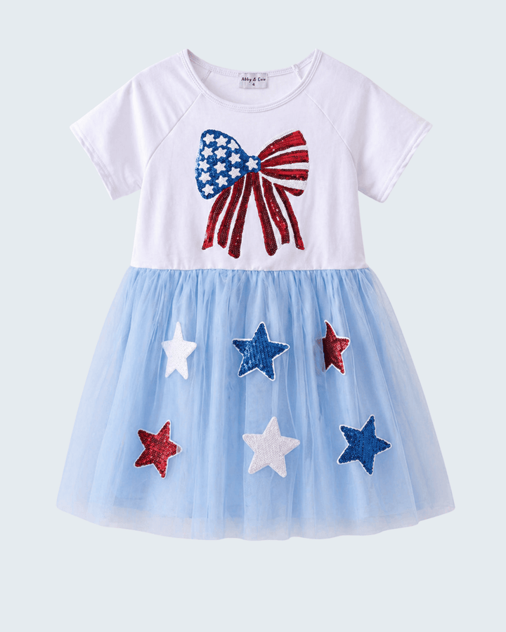 Blue Bow Star Sequin Tulle Dress