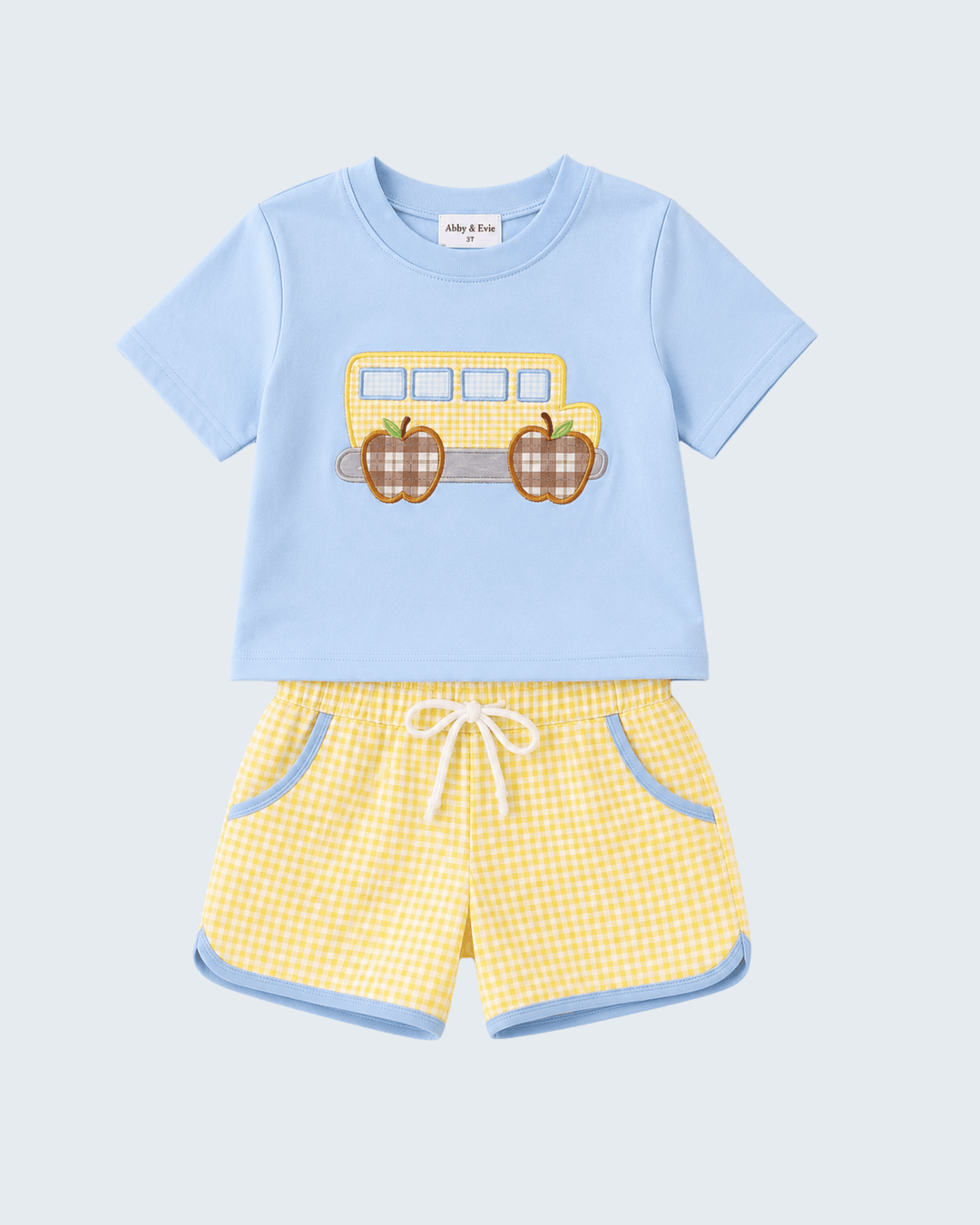 Light blue T-shirt with bus applique and yellow gingham bow shorts set