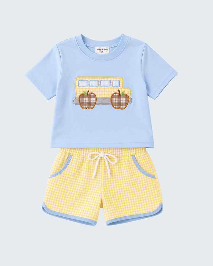 Light blue T-shirt with bus applique and yellow gingham bow shorts set