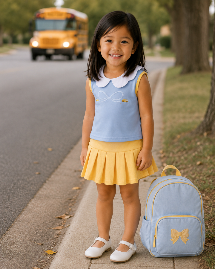 Kid wearing blue sleeveless top with collar and embroidered bow, plus yellow pleated ruffle skort