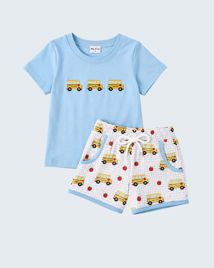 Kids blue bus embroidered T-shirt and shorts set, light blue top with bus prints