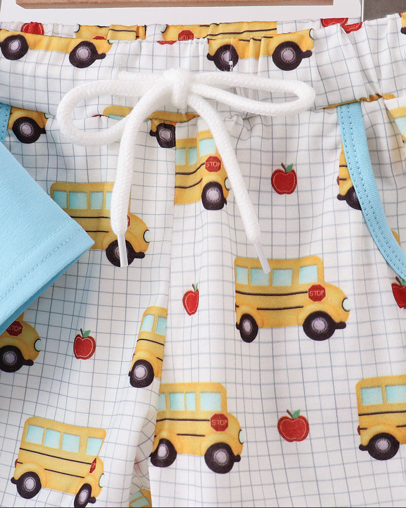 White shorts with check pattern, colorful bus print, elastic drawstring waistband