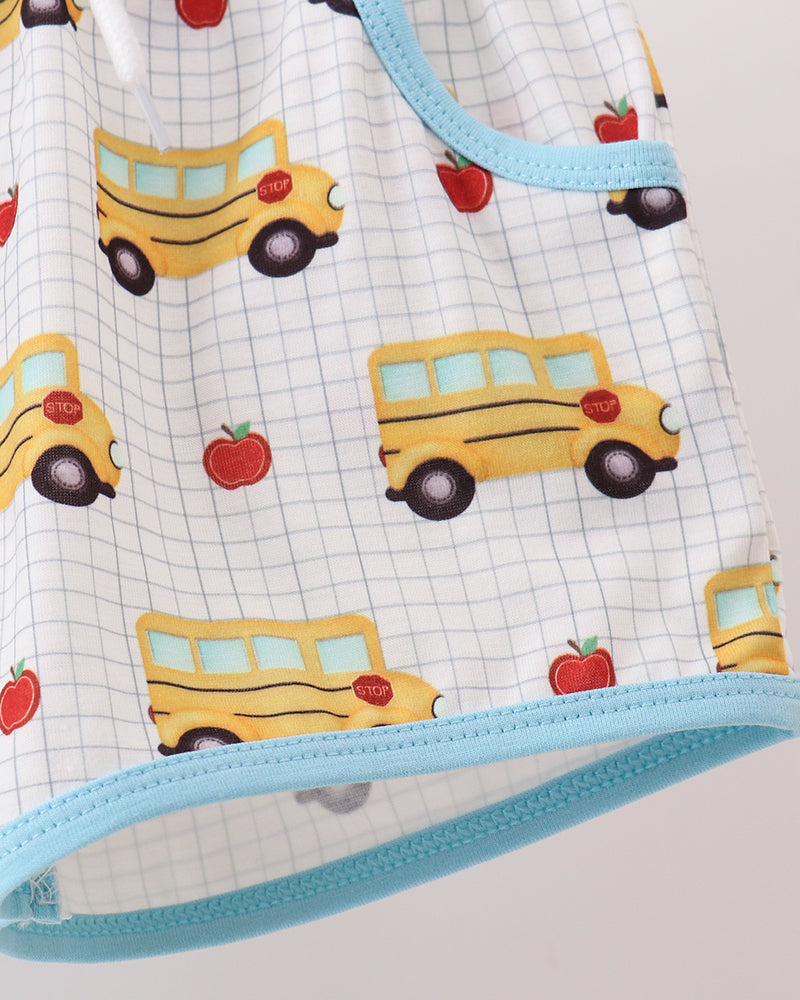 White shorts with bus print and light blue hem trim, side view