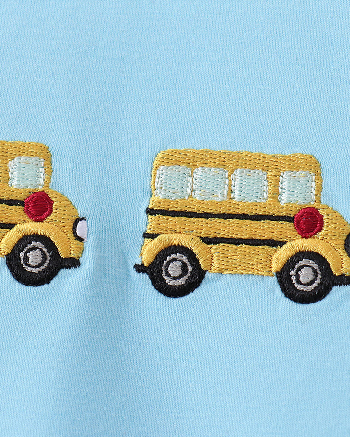 Light blue kids T-shirt with embroidered bus and car graphics