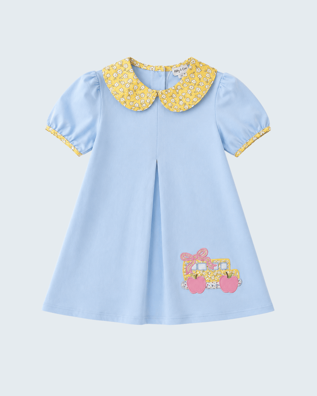 Light blue toddler dress with yellow floral Peter Pan collar and multicolor applique