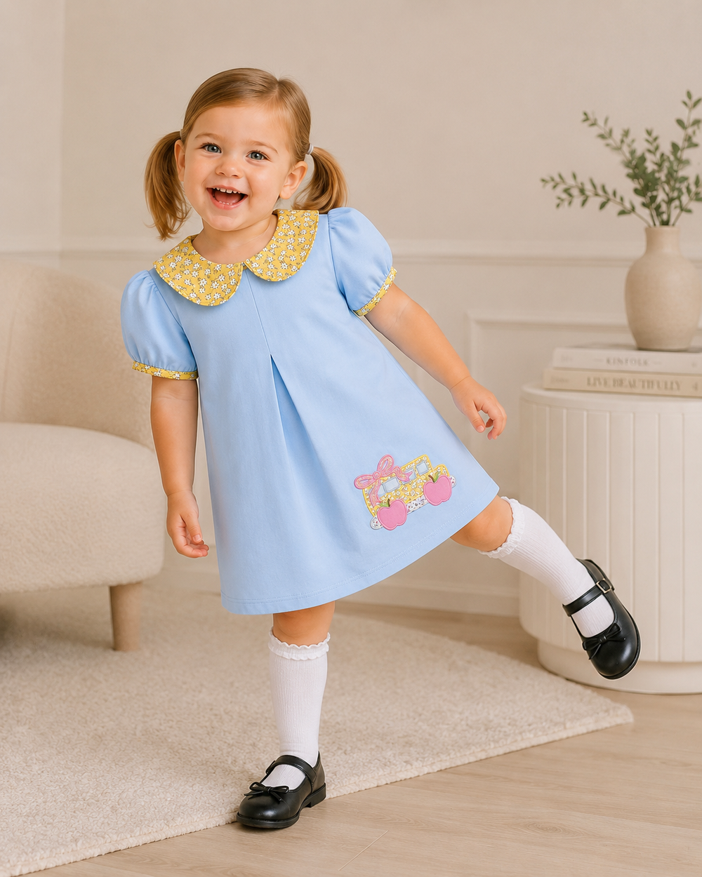 Light blue toddler dress with puff sleeves, yellow floral collar, and pink front applique