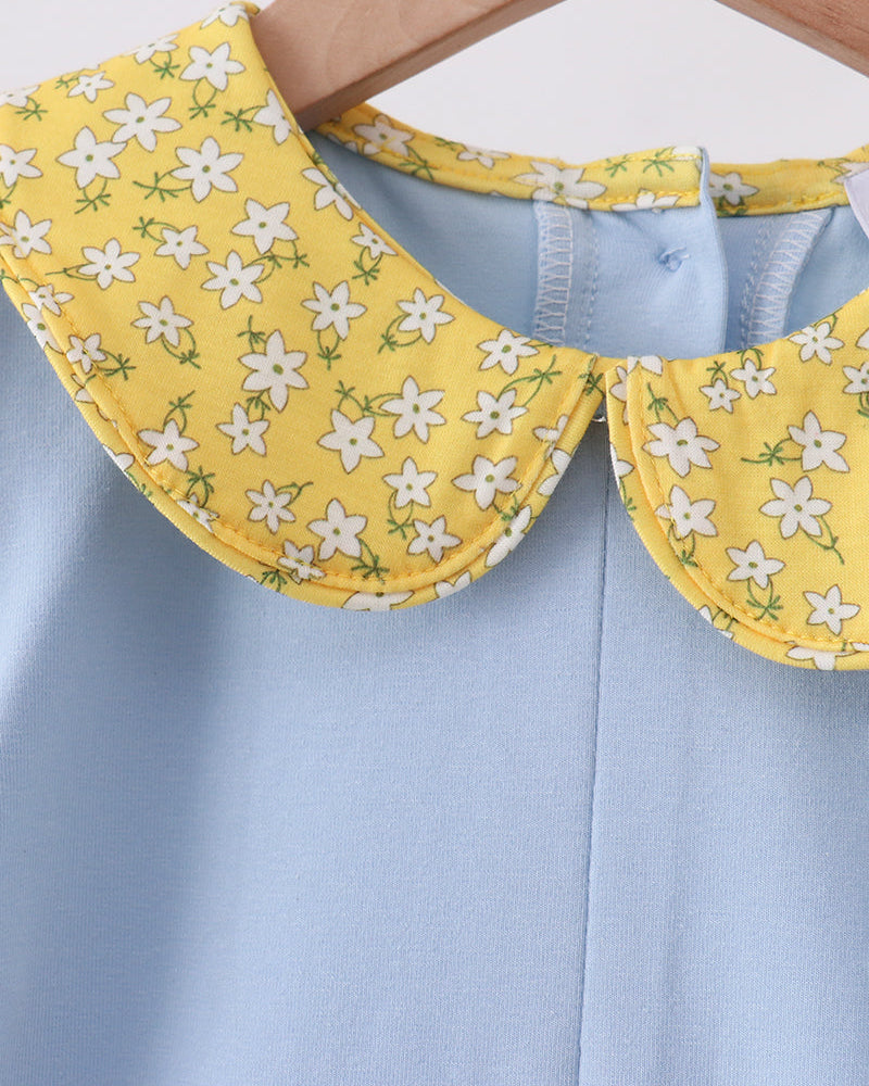 Light blue dress with yellow floral Peter Pan collar and button front detail