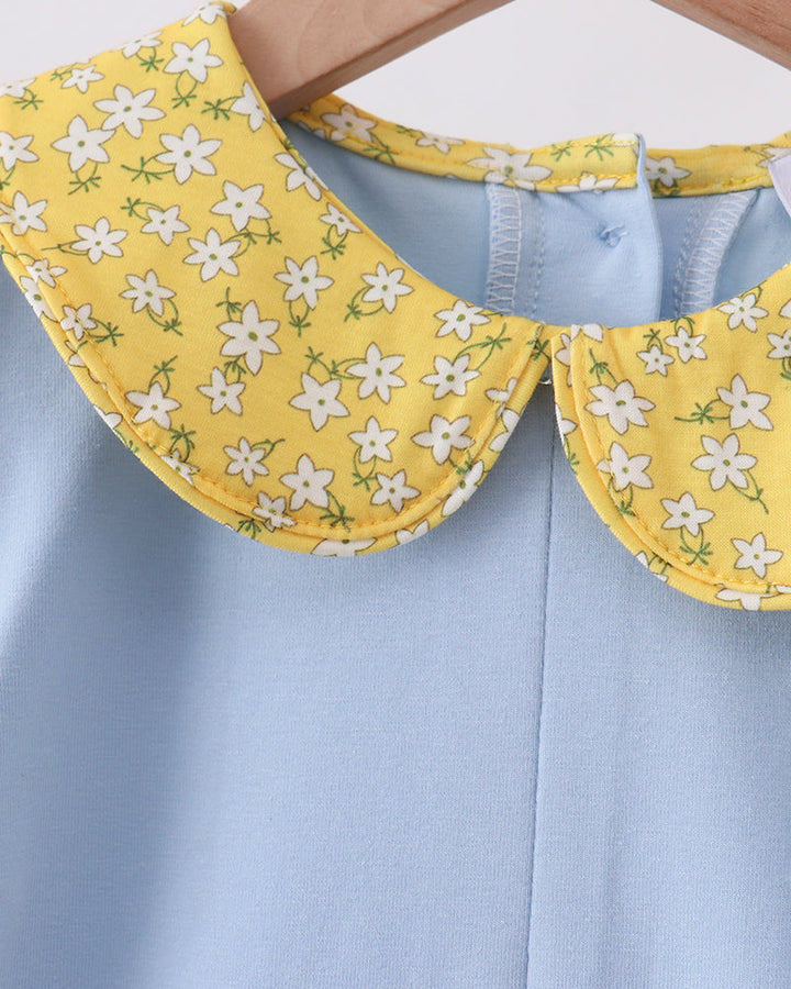 Light blue dress with yellow floral Peter Pan collar and button front detail